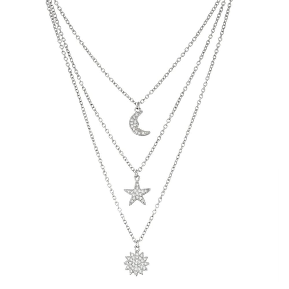 Sterling Silver Sun Star & Moon Layered Necklace